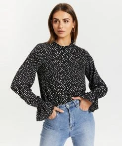 Atmos&Here Charlize Frill Detail Blouse Black Speckle