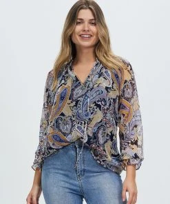 Atmos&Here Clara Tie Neck Paisley Blouse Navy Paisley