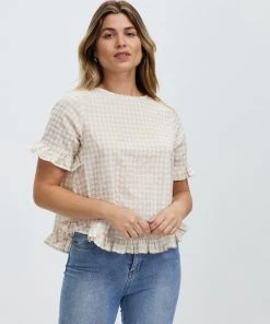 Atmos&Here Annika Frill Sleeve Top Beige Gingham