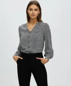 Atmos&Here Layla Button Front Blouse Black Houndstooth