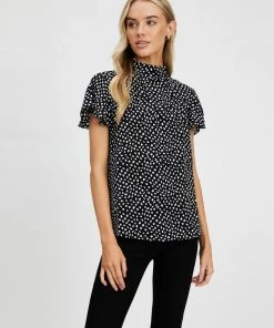 Atmos&Here Fia Flutter Sleeve Blouse Black Base & White Speckle