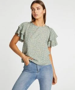 Atmos&Here Ruthie Layered Flutter Sleeve Blouse Green Floral