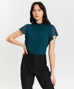Atmos&Here Eleanor High Neck Flutter Sleeve Blouse Emerald Green