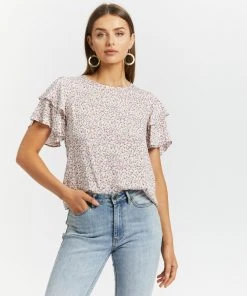 Atmos&Here Ruthie Layered Flutter Sleeve Blouse White Floral