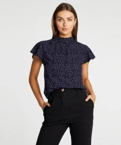 Atmos&Here Fia Flutter Sleeve Blouse Navy Polkadot