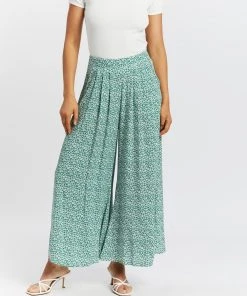 Atmos&Here Cora Pleated Wide Leg Pants Green Floral