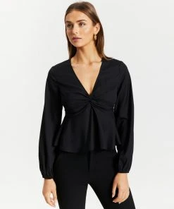 Atmos&Here Natalie Knot Front Blouse Solid Black