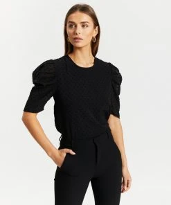 Atmos&Here Zali Puff Sleeve Dobby Top Black