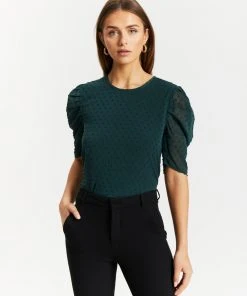 Atmos&Here Zali Puff Sleeve Dobby Top Forest Green