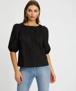Atmos&Here Esther Puff Sleeve Smock Blouse Black