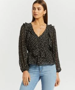 Atmos&Here Andy Puff Sleeve Frill Blouse Black Floral