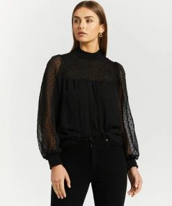 Atmos&Here Avery Shirred Neck Dobby Blouse Black