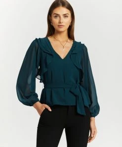 Atmos&Here Andy Puff Sleeve Frill Blouse Teal
