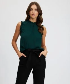 Atmos&Here Jelena High Neck Frill Sleeve Top Forest Green