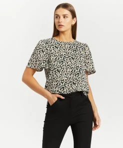 Atmos&Here Alisa Flutter Sleeve Blouse Black Floral