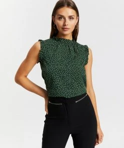 Atmos&Here Jelena High Neck Frill Sleeve Top Green Polkadot