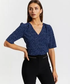 Atmos&Here Yvette V-Neck Blouse Navy Polkadot