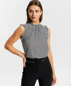 Atmos&Here Jelena High Neck Frill Sleeve Top Houndstooth