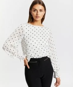 Atmos&Here Molly Frill Sleeve Blouse White Polka Dot
