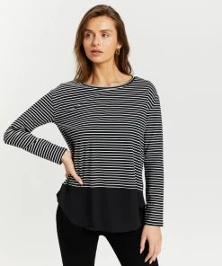 Atmos&Here Dominique Knitted Woven Panel Top Black Stripe