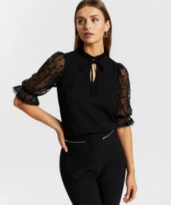 Atmos&Here Lia Contrast Puff Sleeve Blouse Black
