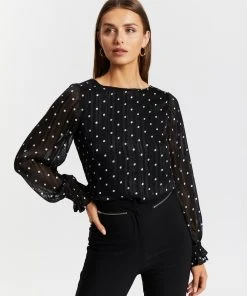 Atmos&Here Molly Frill Sleeve Blouse Black Polka Dot