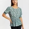 Atmos&Here Maria Shirred Waist Top Green Floral
