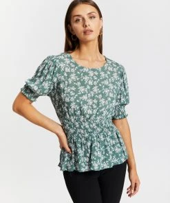Atmos&Here Maria Shirred Waist Top Green Floral