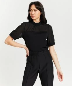 Atmos&Here Grace Contrast Chiffon Neck Blouse Black