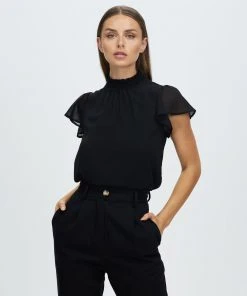 Atmos&Here Eleanor High Neck Flutter Sleeve Blouse Black