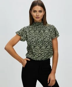 Atmos&Here Fia Flutter Sleeve Blouse Khaki Animal