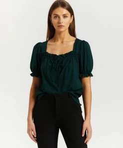 Atmos&Here Sharon Puff Sleeve Blouse Forest Green