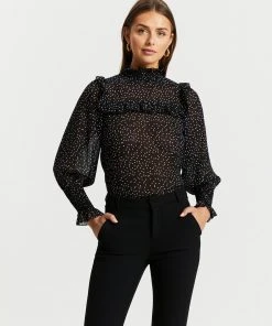 Atmos&Here Brielle High Neck Frill Sleeve Blouse Black Spot