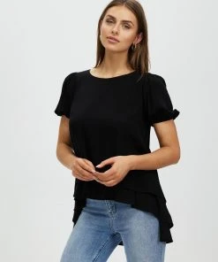 Atmos&Here Justine High Low Frill Hem Blouse Black