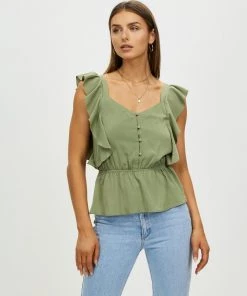 Atmos&Here Yani Frill Sleeve Top Light Khaki