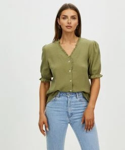 Atmos&Here Lacey Textured Cotton Blouse Khaki