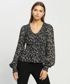 Atmos&Here Olivia Shirred Blouse Black Floral