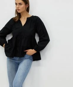 Atmos&Here Zulu Blouson Sleeve Top Black Cotton