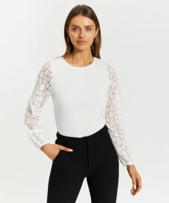 Atmos&Here Belle Lace Contrast Sleeve Top White