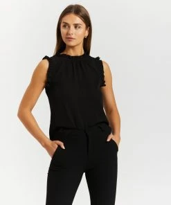 Atmos&Here Jelena High Neck Frill Sleeve Top Black