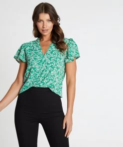 Atmos&Here Imogen Flutter Sleeve Blouse Green Floral