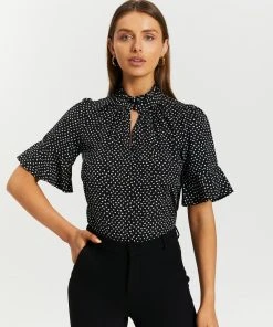 Atmos&Here Mila Frill Sleeve Blouse Black Speckle