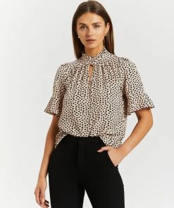 Atmos&Here Mila Frill Sleeve Blouse Beige Speckle