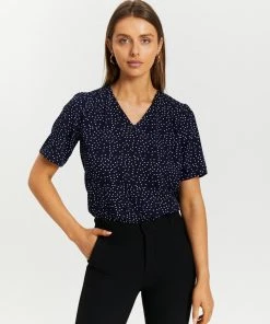 Atmos&Here Sophia V-Neck Blouse Dark Blue Polkadot