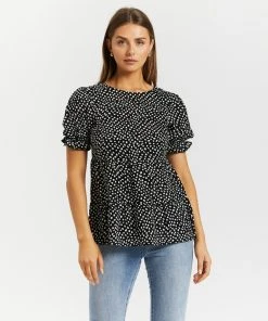 Atmos&Here Alice Puff Sleeve Smock Top Black Speckle