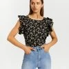 Atmos&Here Nova Frill Sleeve Blouse Black Floral