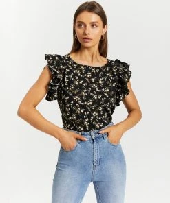 Atmos&Here Nova Frill Sleeve Blouse Black Floral