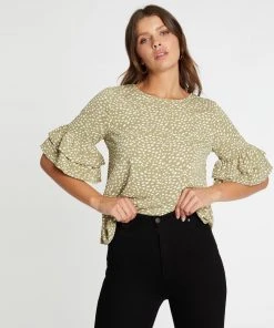 Atmos&Here Bobbi Frill Layered Sleeve Top Khaki Speckle