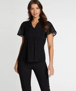 Atmos&Here Carolyn Dobby Flutter Sleeve Blouse Black