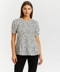 Atmos&Here Alice Puff Sleeve Smock Top White Speckle